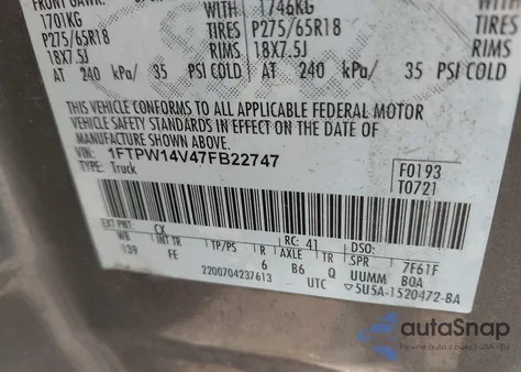 2007 Ford F-150 Fx4/Lariat/Xlt z USA, uszkodzony, nr VIN 1FTPW14V47FB22747